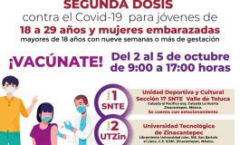 Este sábado inicia vacunación para jóvenes de 18 a 29 años, en Zinacantepec